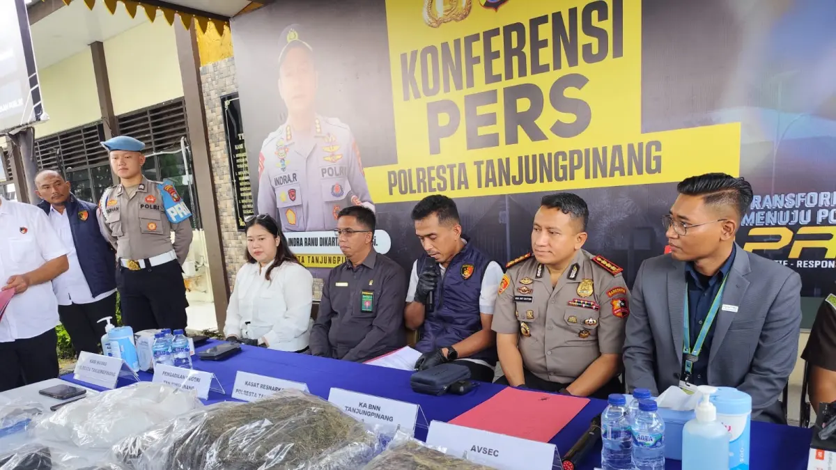 Polresta Tanjungpinang saat menunjukan barang bukti ganja hasil tangkapan sebelum dimusnahkan dengan cara dibakar, Rabu (17/6). F. Mohamad Ismail/Batam Pos