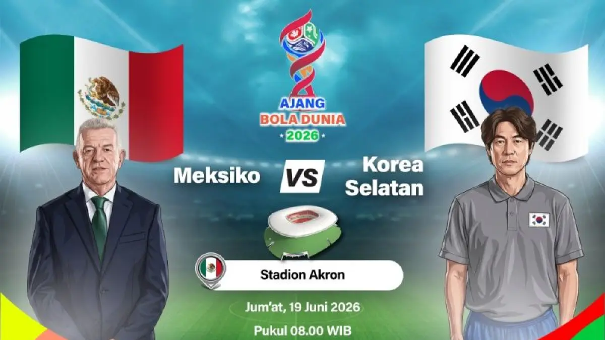 Grafik ilustrasi pertandingan penyisihan Grup A Piala Dunia 2026 antara Meksiko melawan Korea Selatan yang dijadwalkan berlangsung di Stadion Akron, Guadalajara, Meksiko, Kamis (18/6/2026) atau Jumat pagi WIB. ANTARA INFOGRAFIK/Vintan Rahmadanti