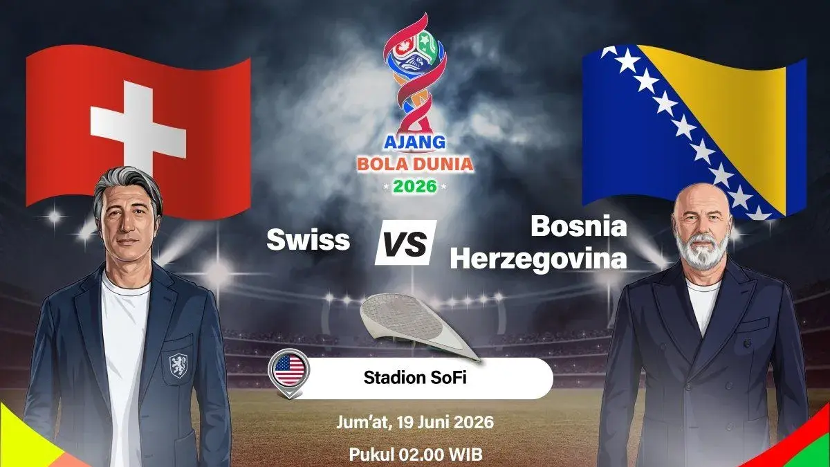 Grafik ilustrasi pertandingan penyisihan Grup B Piala Dunia 2026 antara Swiss melawan Bosnia & Herzegovina yang dijadwalkan berlangsung di Stadion SoFi, Inglewood, California, Amerika Serikat, Kamis (18/6/2026) waktu setempat. ANTARA INFOGRAFIK/Vintan Rahmadanti
