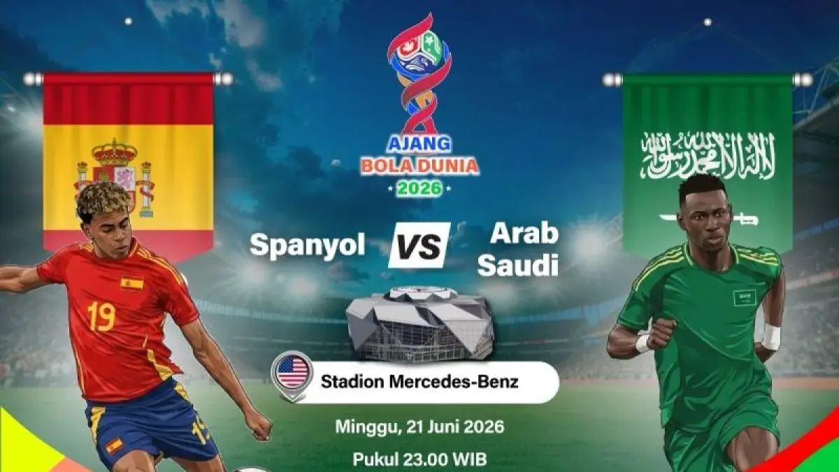 Grafik ilustrasi pertandingan penyisihan Grup H Piala Dunia 2026 antara Spanyol melawan Arab Saudi yang dijadwalkan berlangsung di Stadion Mercedes-Benz, Atlanta, Georgia, Amerika Serikat, Minggu (21/6/2026) waktu setempat. ANTARA INFOGRAFIK/Vintan Rahmadanti