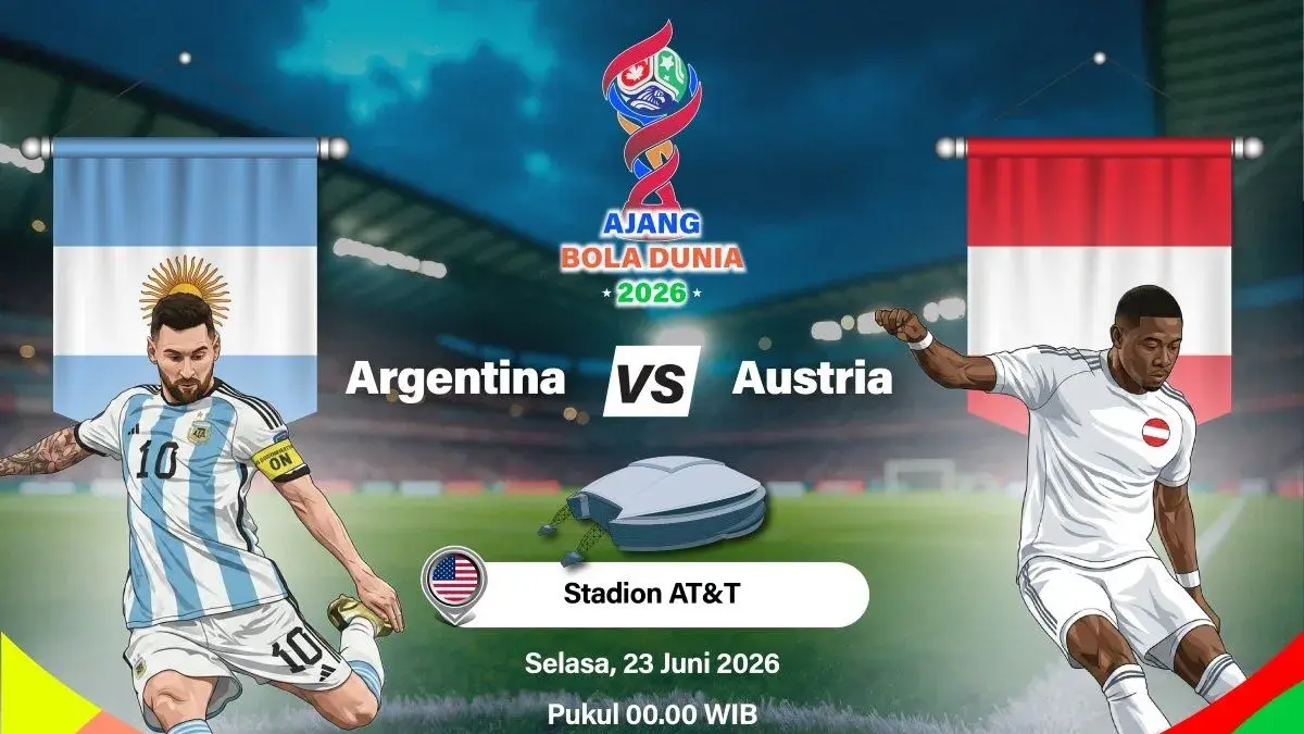Grafik ilustrasi pertandingan penyisihan Grup J Piala Dunia 2026 antara Argentina melawan Austria yang dijadwalkan berlangsung di Stadion AT&T, Arlington, Texas, Amerika Serikat, Senin (22/6/2026) waktu setempat. ANTARA INFOGRAFIK/Vintan Rahmadanti