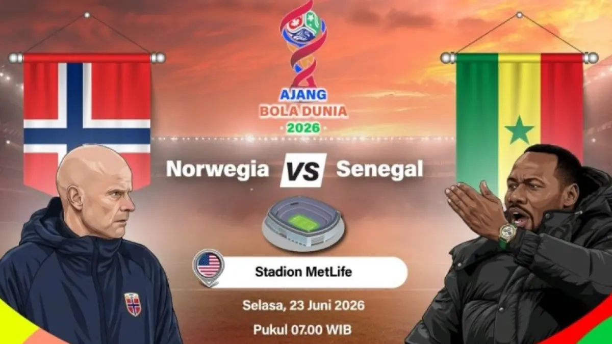 Grafik ilustrasi pertandingan penyisihan Grup I Piala Dunia 2026 antara Norwegia melawan Senegal yang dijadwalkan berlangsung di Stadion MetLife, East Rutherford, New Jersey, Amerika Serikat, Senin (22/6/2026) waktu setempat. ANTARA INFOGRAFIK/Vintan Rahmadanti