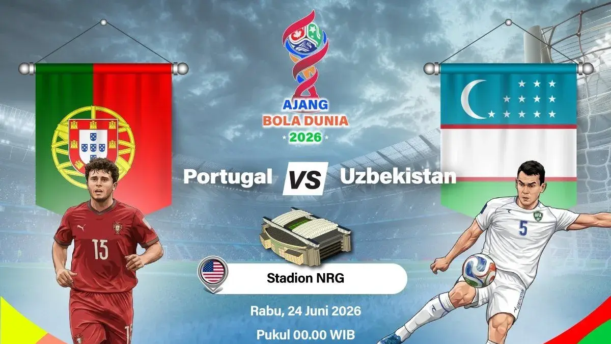 Grafik ilustrasi pertandingan Portugal melawan Uzbekistan pada penyisihan Grup K Piala Dunia 2026, yang dijadwalkan berlangsung di Stadion NRG, Houston, Texas, Amerika Serikat, Selasa (23/6/2026) waktu setempat. ANTARA INFOGRAFIK/Vintan Rahmadanti.