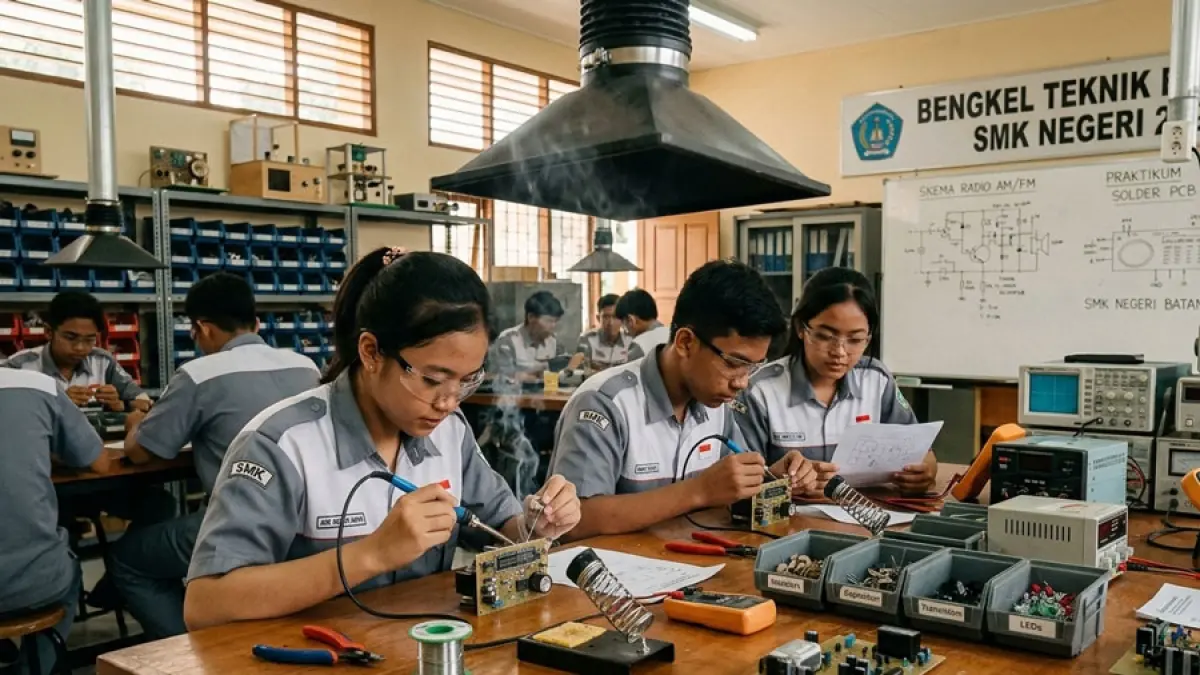 Ilustrasi pelajar  Sekolah Menengah Kejuruan (SMK0 sedang belajar praktik elektronika. F. Gemini