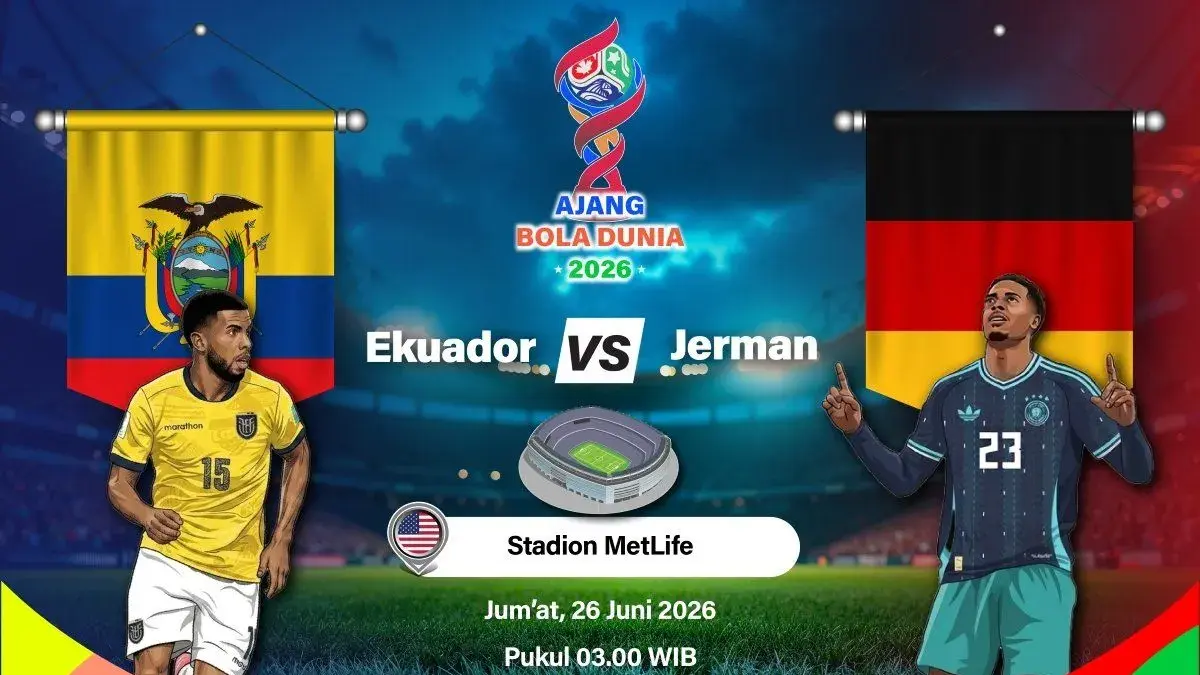 Grafik ilustrasi pertandingan penyisihan Grup E Piala Dunia 2026 antara Ekuador melawan Jerman yang dijadwalkan berlangsung di Stadion MetLife, East Rutherford, New Jersey, Amerika Serikat, Kamis (25/6/2026) waktu setempat. ANTARA INFOGRAFIK/Vintan Rahmadanti
