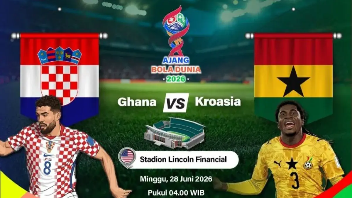 Grafik ilustrasi pertandingan penyisihan Grup L Piala Dunia 2026 antara Kroasia melawan Ghana yang dijadwalkan berlangsung di Stadion Lincoln Financial Field, Philadelphia, Pennsylvania, Amerika Serikat, Sabtu (27/6/2026) waktu setempat. ANTARA INFOGRAFIK/Vintan Rahmadanti