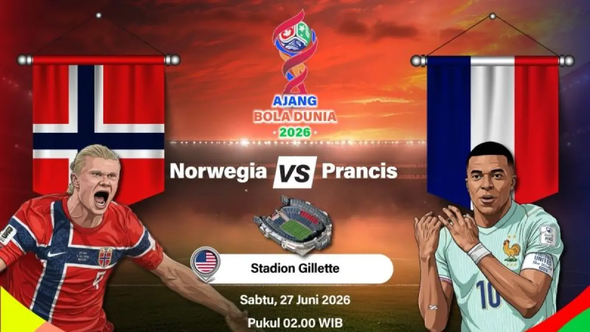 Grafik ilustrasi pertandingan penyisihan Grup I Piala Dunia 2026 antara Norwegia melawan Prancis yang dijadwalkan berlangsung di Stadion Gillette, Foxborough, Massachusetts, Amerika Serikat, Jumat (26/6/2026) waktu setempat. ANTARA INFOGRAFIK/Vintan Rahmadanti