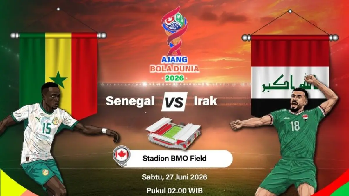 Grafik ilustrasi pertandingan penyisihan Grup I Piala Dunia 2026 antara Senegal melawan Irak yang dijadwalkan berlangsung di Stadion BMO Field, Toronto, Kanada, Jumat (26/6/2026) waktu setempat. ANTARA INFOGRAFIK/Vintan Rahmadanti