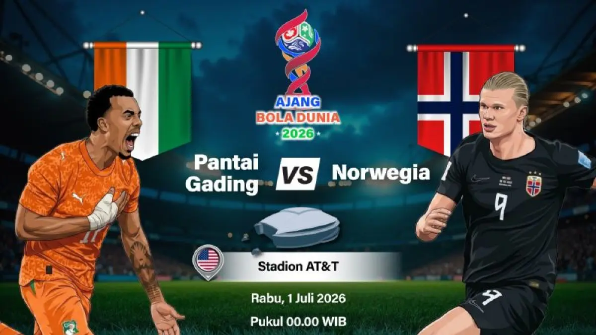 Grafik ilustrasi pertandingan babak 32 besar Piala Dunia 2026 antara Pantai Gading melawan Norwegia yang dijadwalkan berlangsung di Stadion AT&T, Arlington, Texas, Amerika Serikat, Selasa (30/6/2026) waktu setempat. ANTARA INFOGRAFIK/Vintan Rahmadanti