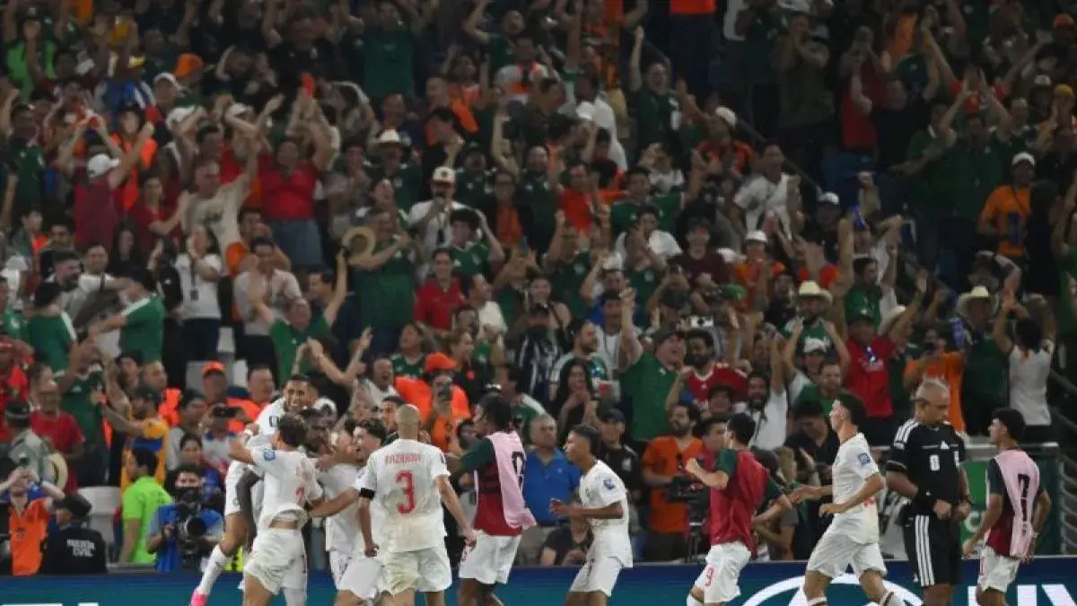 Sejumlah pesepak bola Timnas Maroko berselebrasi usai membobol gawang Timnas Belanda dalam pertandingan babak 32 besar Piala Dunia 2026 di di Stadion Monterrey, Guadalupe, Meksiko, Senin (29/6/2026) waktu setempat. ANTARA FOTO/Aditya Pradana Putra/nym.