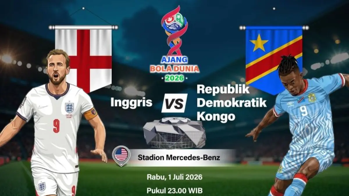 Grafik ilustrasi pertandingan 32 besar Piala Dunia 2026 antara Inggris melawan Republik Demokratik Kongo yang dijadwalkan berlangsung di Stadion Mercedes-Benz, Atlanta, Georgia, Amerika Serikat, Selasa (30/6/2026) waktu setempat. ANTARA INFOGRAFIK/Vintan Rahmadanti