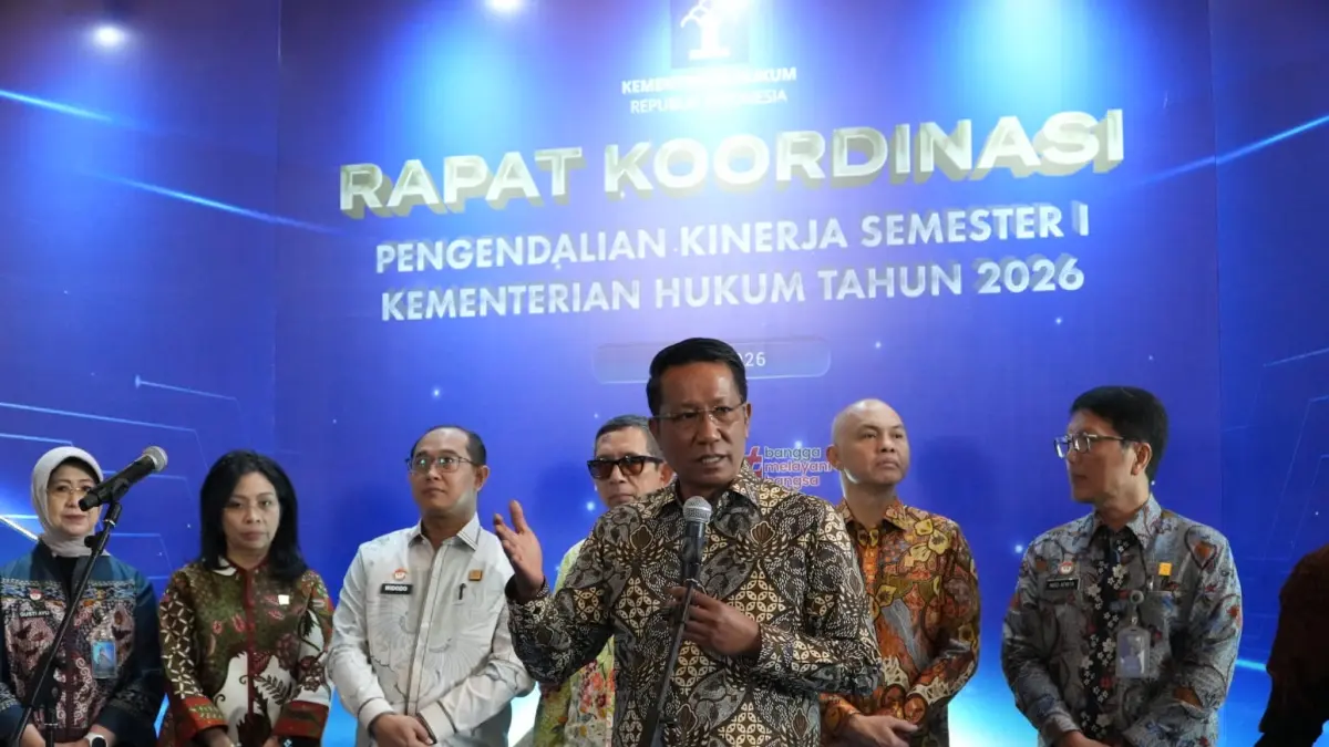 Menteri Hukum, Supratman Andi Agtas saat berpidato dalam Rakordal Semester I Tahun 2026. F. Kemenkum Kepri untuk Batam Pos