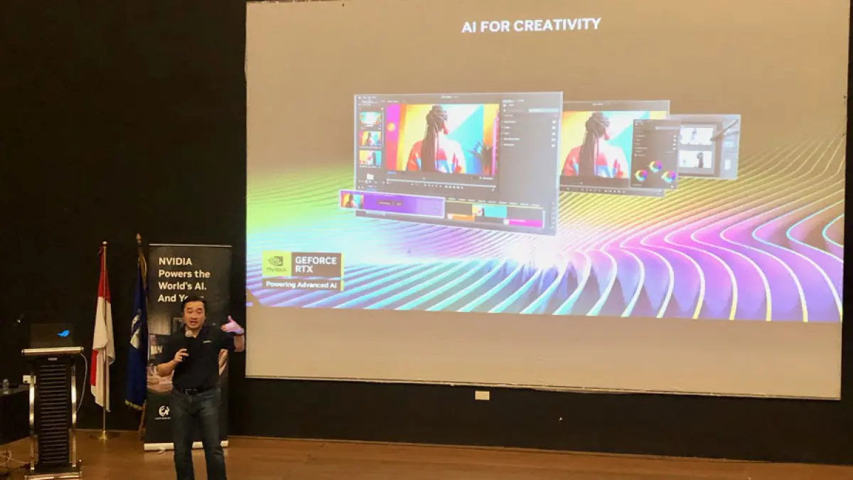 Country Consumer Business Lead NVIDIA Indonesia, Andrian Lesmono, menyampaikan materi pada NVIDIA AI Campus Seminar 2026 di Institut Teknologi Batam (ITEBA), Jumat (3/7). Seminar ini membahas perkembangan kecerdasan buatan (Artificial Intelligence/AI), penguatan ekosistem digital, serta peningkatan kompetensi sumber daya manusia untuk menghadapi transformasi teknologi. F. Azis Maulana / BATAM POS