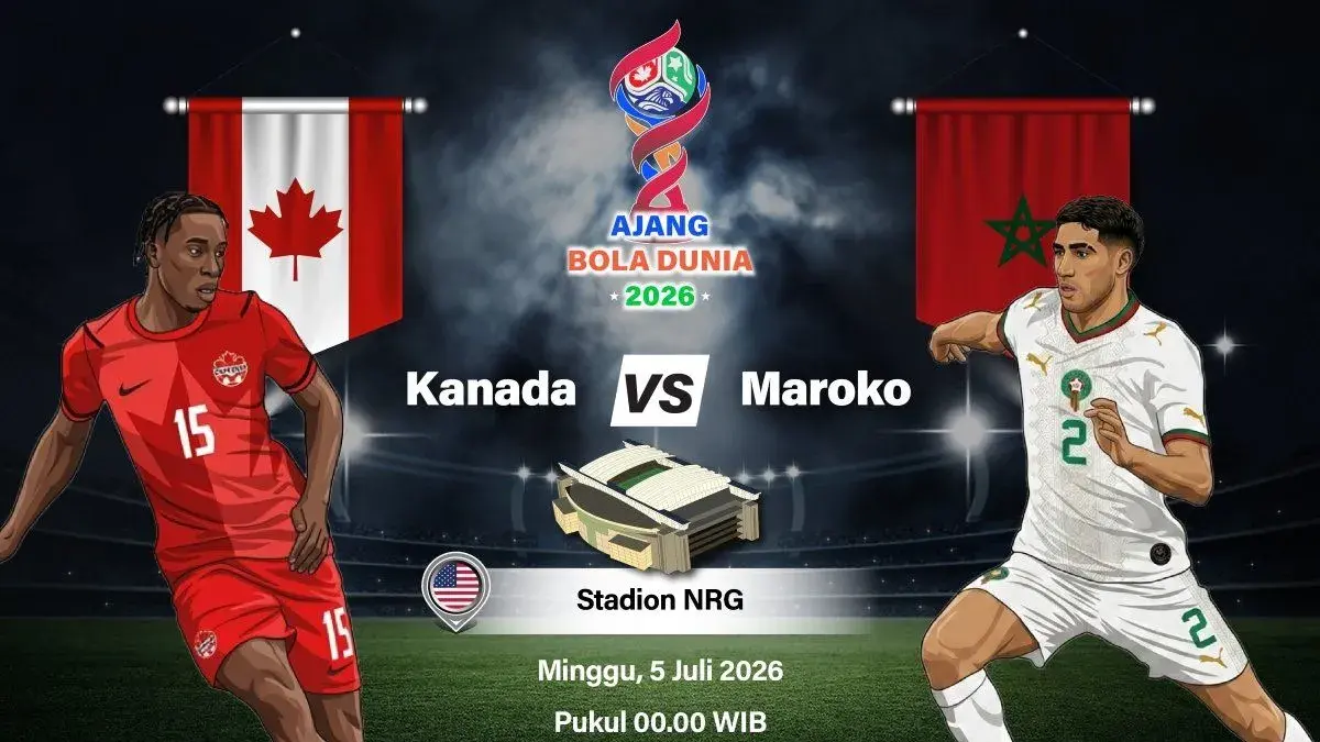 Grafik ilustrasi pertandingan Kanada melawan Maroko pada babak 16 besar Piala Dunia 2026 yang akan berlangsung di Stadion NRG, Houston, Texas, Amerika Serikat, Sabtu (4/7/2026) waktu setempat. ANTARA INFOGRAFIK/Vintan Rahmadanti
