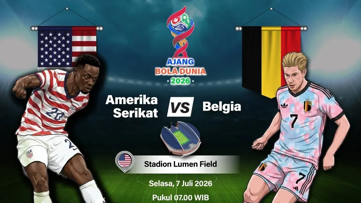 Grafik ilustrasi pertandingan babak 16 besar Piala Dunia 2026 antara Amerika Serikat melawan Belgia yang dijadwalkan berlangsung di Stadion Lumen Field, Seattle, Washington, Amerika Serikat, Senin (6/7/2026) waktu setempat. ANTARA INFOGRAFIK/Vintan Rahmadanti