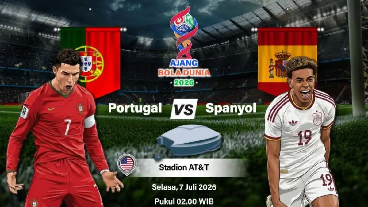 Grafik ilustrasi pertandingan babak 16 besar Piala Dunia 2026 antara Portugal melawan Spanyol yang dijadwalkan berlangsung di Stadion AT&T, Arlington, Texas, Amerika Serikat, Senin (6/7/2026) waktu setempat. ANTARA INFOGRAFIK/Vintan Rahmadanti