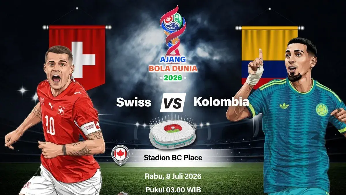 Grafik ilustrasi pertandingan babak 16 besar Piala Dunia 2026 antara Swiss melawan Kolombia yang dijadwalkan berlangsung di Stadion BC Place, Vancouver, Kanada, Selasa (7/7/2026) waktu setempat. ANTARA INFOGRAFIK/Vintan Rahmadanti