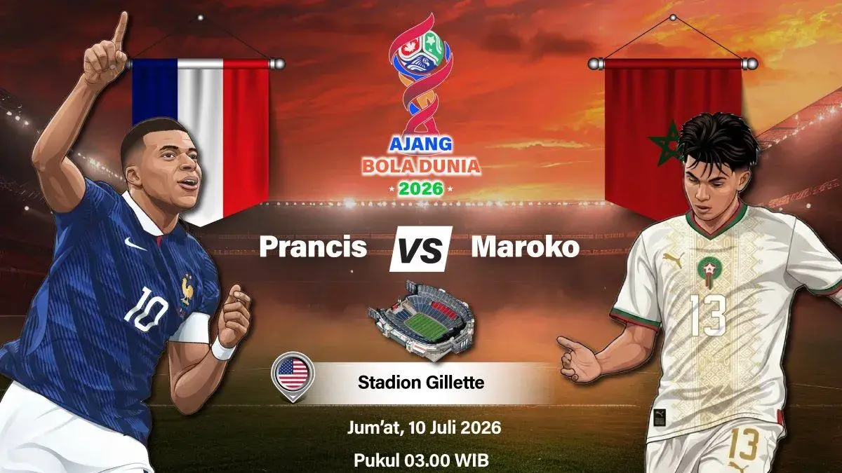 Grafik ilustrasi pertandingan babak perempat final Piala Dunia 2026 antara Prancis melawan Maroko yang dijadwalkan berlangsung di Stadion Gillette, Boston, Massachusetts, Amerika Serikat, Kamis (9/7/2026) waktu setempat. ANTARA INFOGRAFIK/Vintan Rahmadanti