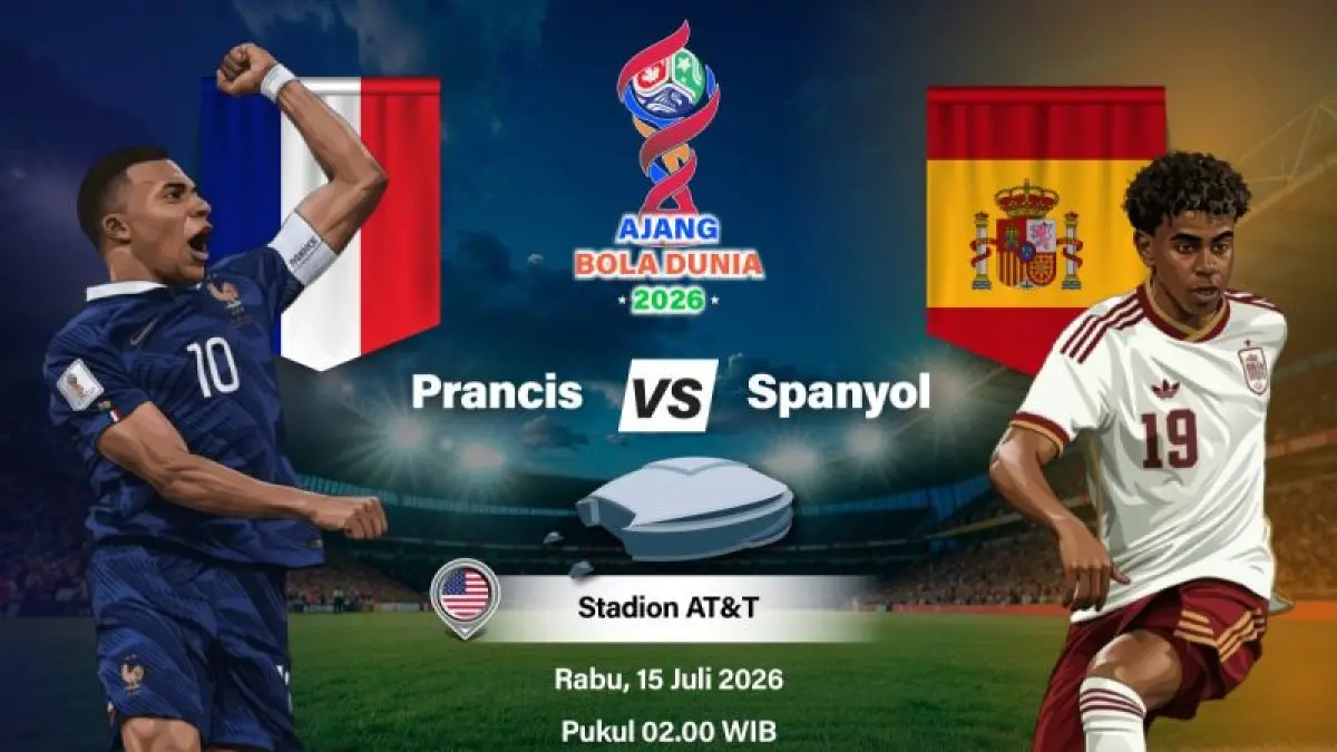 Grafik ilustrasi pertandingan semifinal Piala Dunia 2026 antara Prancis dan Spanyol yang dijadwalkan berlangsung di Stadion AT&T, Arlington, Texas, Amerika Serikat, Selasa (14/7/2026) waktu setempat. ANTARA INFOGRAFIK/Vintan Rahmadanti