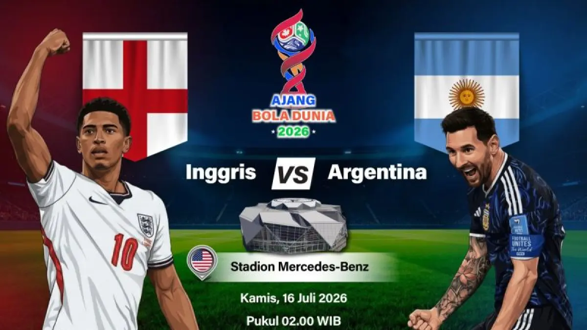 Grafik ilustrasi pertandingan semifinal Piala Dunia 2026 antara Inggris dan Argentina yang dijadwalkan berlangsung di Stadion Mercedes-Benz, Atlanta, Georgia, Amerika Serikat, Rabu (15/7/2026) waktu setempat. ANTARA INFOGRAFIK/Vintan Rahmadanti