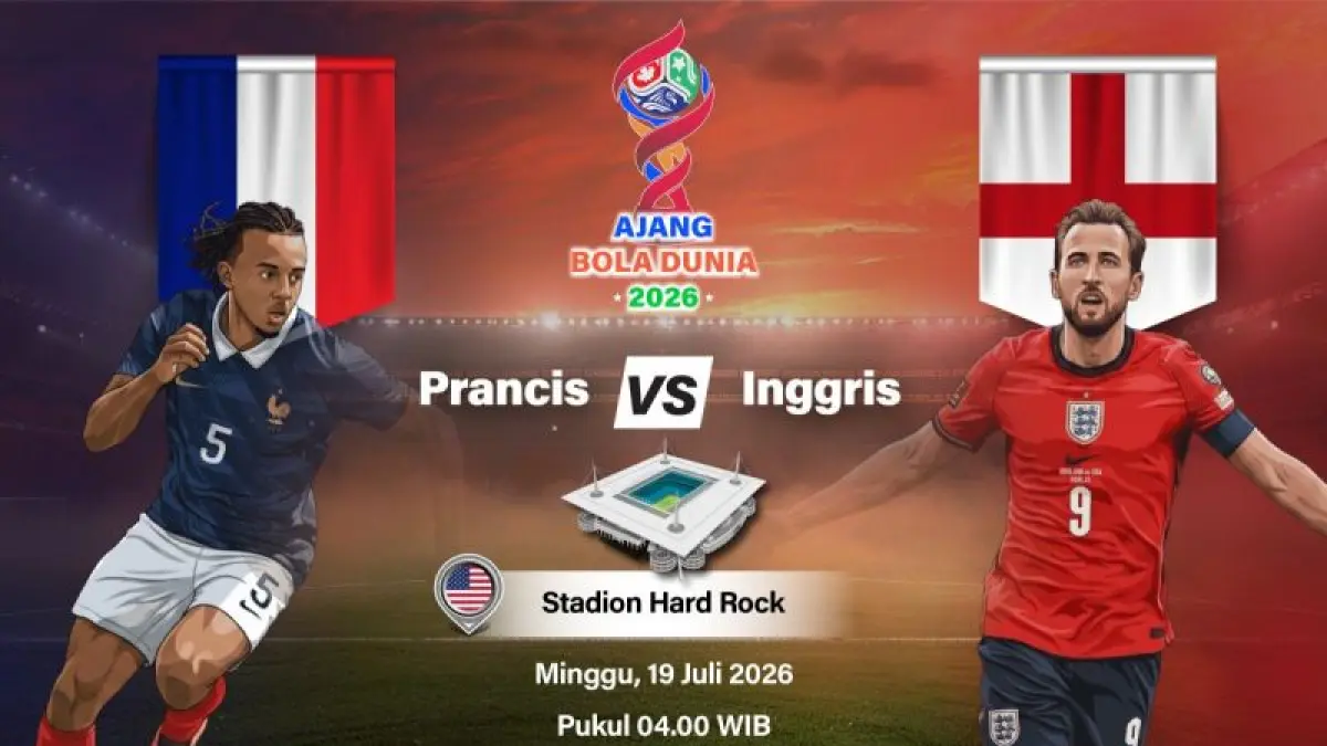 Grafik ilustrasi pertandingan perebutan tempat ketiga Piala Dunia 2026 antara Prancis melawan Inggris yang dijadwalkan berlangsung di Stadion Hard Rock, Miami, Florida, Amerika Serikat, Sabtu (18/7/2026) waktu setempat. ANTARA INFOGRAFIK/Vintan Rahmadanti