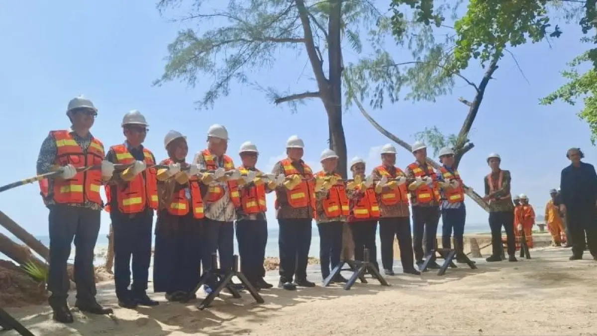 Ceremony ‘Landing’ Nongsa Changi Cable (NCC) dari Batam ke Singapura yang dihadiri oleh Menko Perekonomian RI Airlangga Hartarto dan Deputy Prime Minister Singapura Gan Kim Yong di Batam, Kepri, Senin (20/7/2026). (ANTARA/Amandine Nadja)