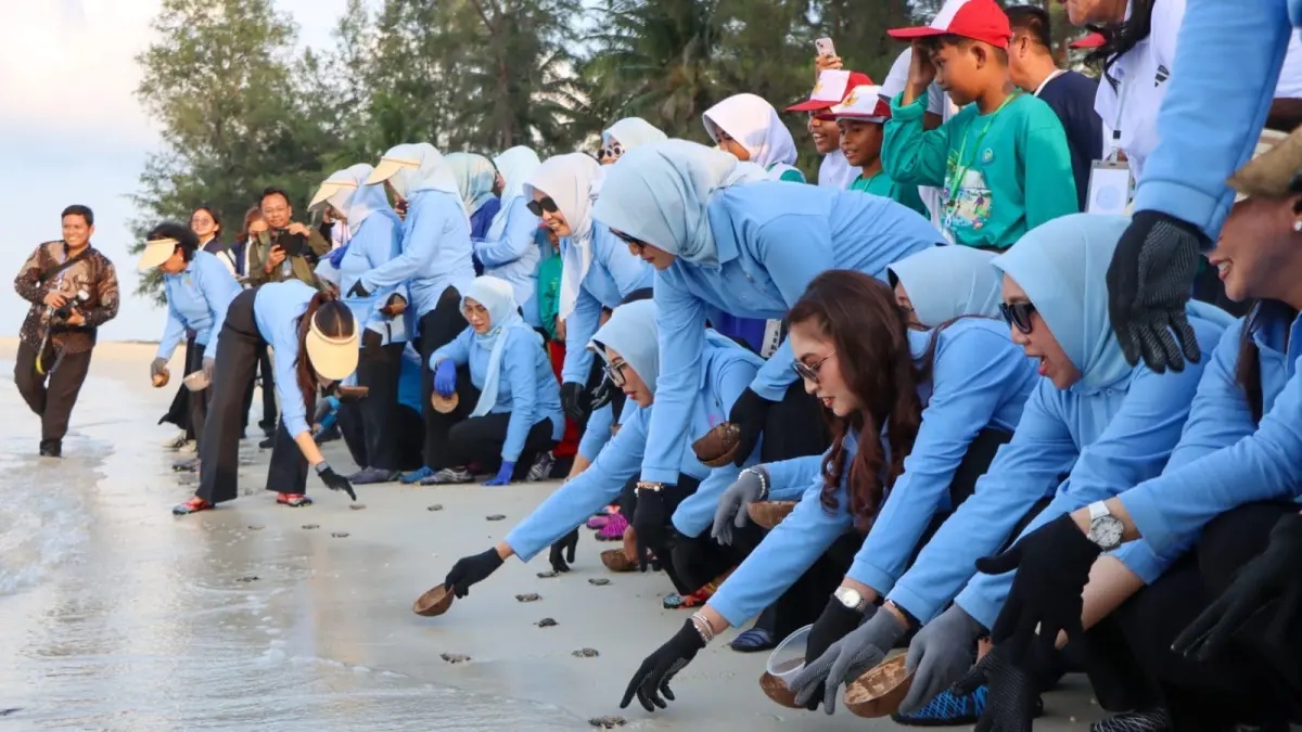 Pelepasan tukik yang dilakukan Istri Wakil Presiden RI, Selvi Gibran di Pantai Dugong, Trikora, Kecamatan Gunung Kijang, Bintan, Kamis (23/7/2026) sore. F.Zoko untuk Batam Pos