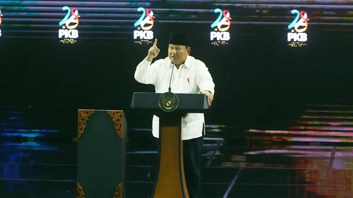 Presiden Prabowo Subianto saat pidato di mimbar pidato Harlah ke-28 PKB di Jakarta, Kamis (23/7/2026). (Dery Ridwansah/ JawaPos.com)