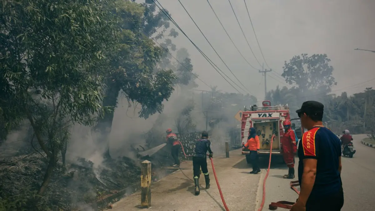 
Petugas Damkar Kabupaten Karimun memadamkan kebakaran lahan di dekat permukiman warga di Jalan Poros, Kecamatan Meral, Kamis (6/8). Api berhasil dipadamkan sebelum merembet ke rumah-rumah warga.