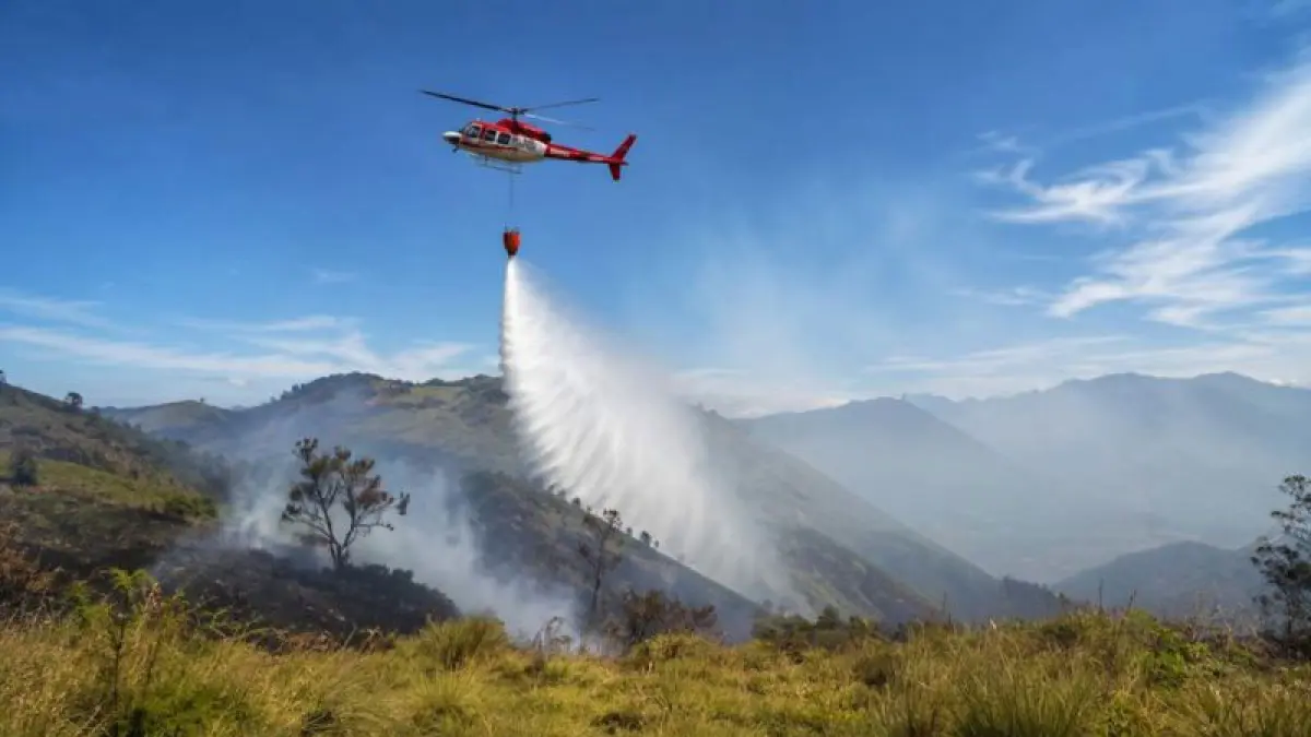 Helikopter melakukan operasi water bombing untuk memadamkan kebakaran hutan dan lahan di kawasan Taman Nasional Bromo Tengger Semeru (TNBTS), Jawa Timur. Upaya pemadaman dilakukan dari udara untuk menekan penyebaran api di tengah medan yang sulit dijangkau petugas.