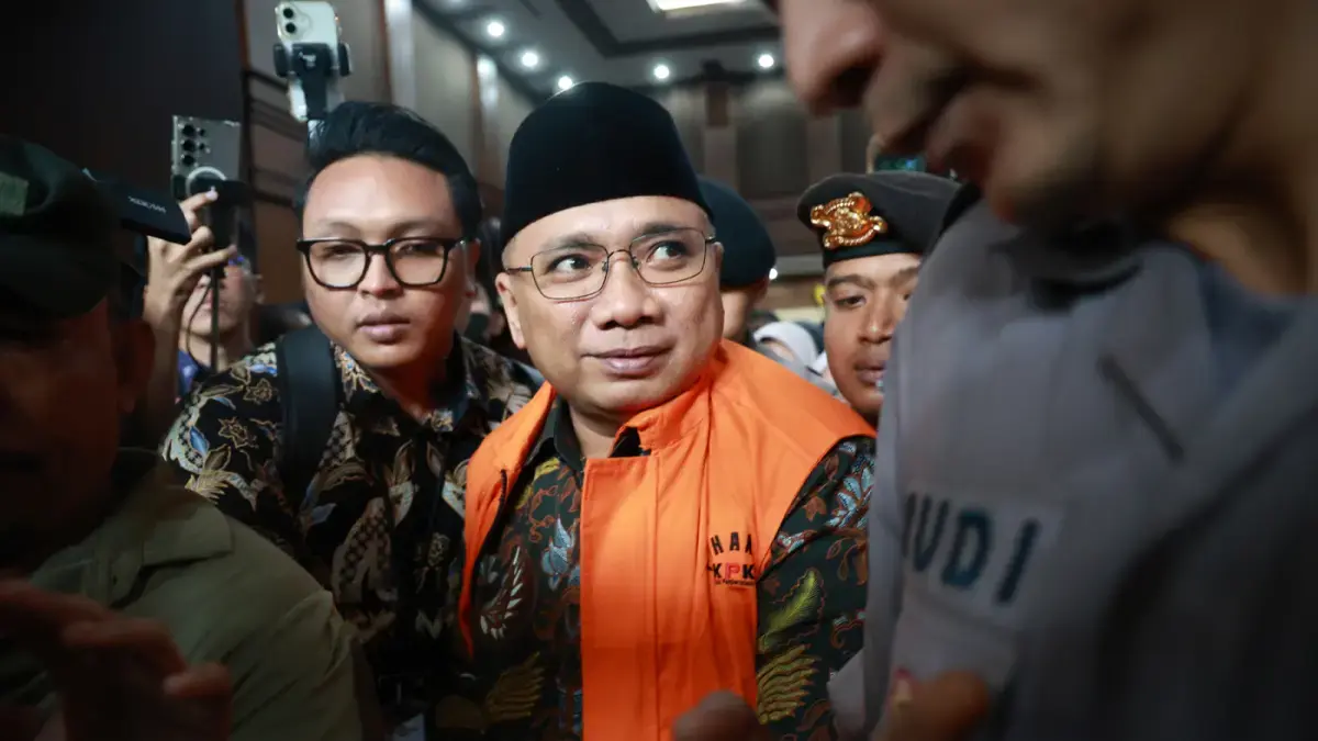 Terdakwa kasus dugaan korupsi kuota haji yang juga Eks Menteri Agama Yaqut Cholil Qoumas menjalani sidang pembacaan dakwaan di Pengadilan Tipikor, Jakarta, Selasa (11/8/2026). (Dery Ridwansah/ JawaPos.com)