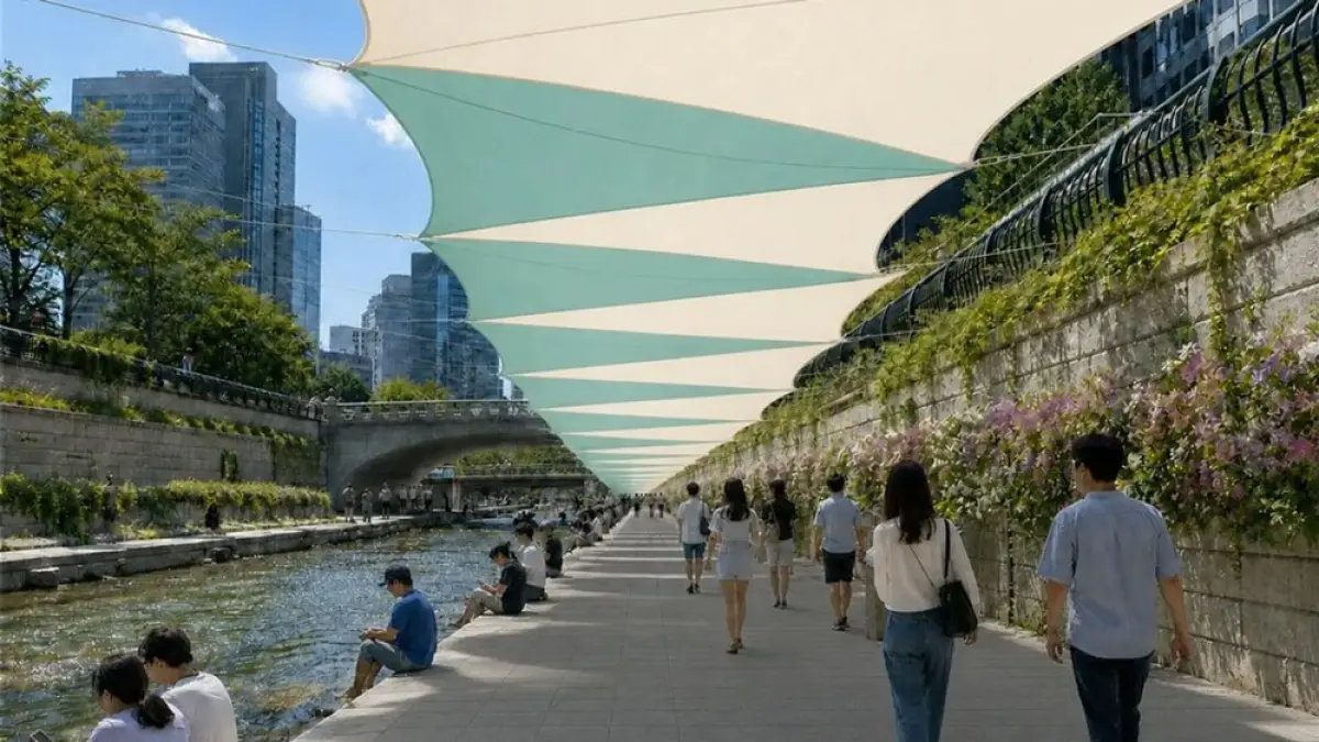 
Ilustrasi menunjukkan struktur peneduh yang dipasang di atas jalur pejalan kaki di sepanjang Cheonggyecheon, Distrik Jongno, Seoul, Korea Selatan. F: Seoul Metropolitan Government