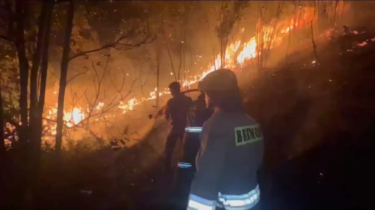 Personel Polda Kepri memadamkan kebakaran lahan kosong di kawasan Tembesi, Sagulung, Sabtu (22/8/2026) malam. F.Ist