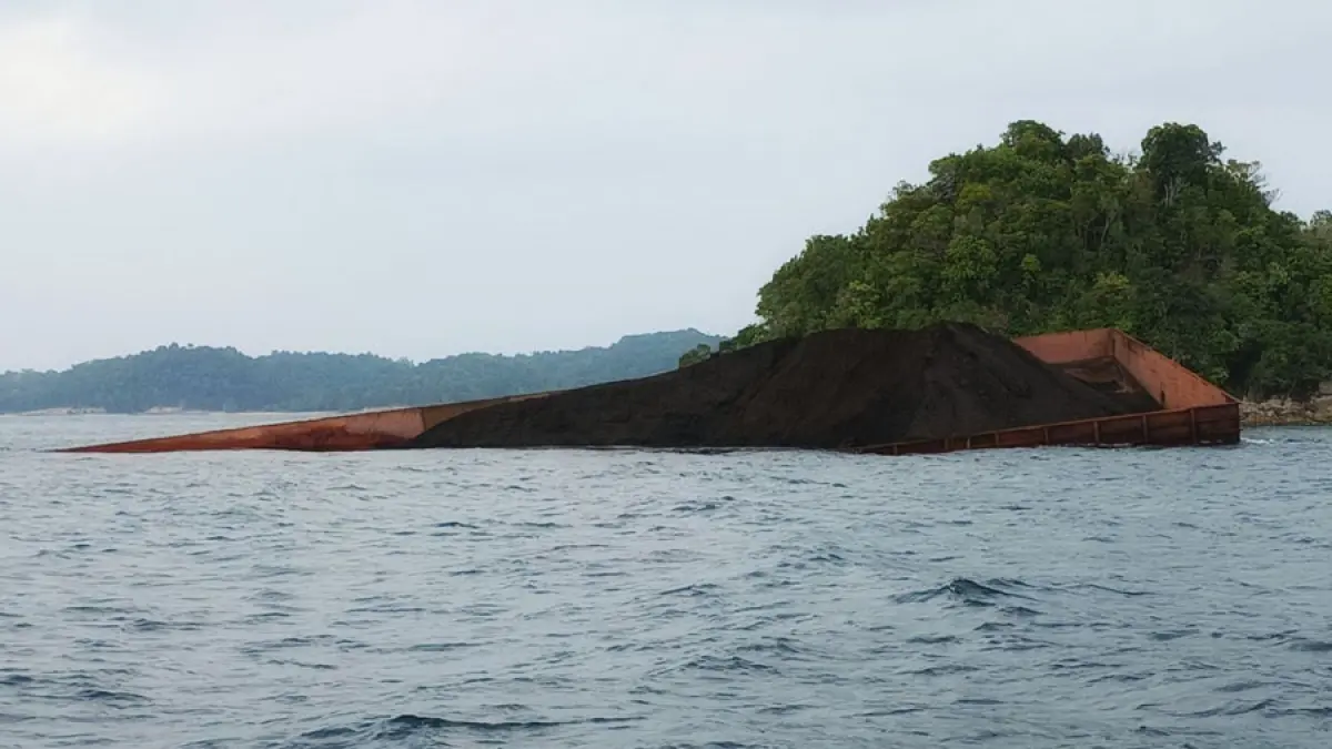 Tongkang yang membawa muatan batu bara dikandaskan setelah mengalami kebocoran di Perairan Pulau Dedap, Kepri. F.Pangkalan PLP Tanjung Uban untuk Batam Po