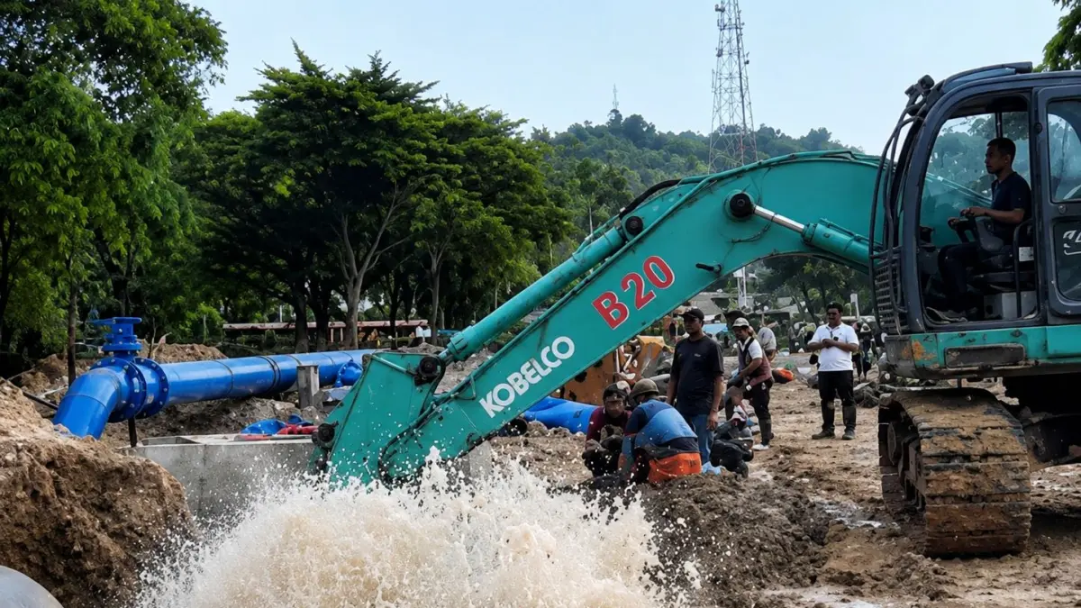 Bocoran pipa di Mukakuing yang menyebabkan air menyembur ke jalan, Jumat (28/8) siang. F.Jamaluddin Lobang/Batam Pos