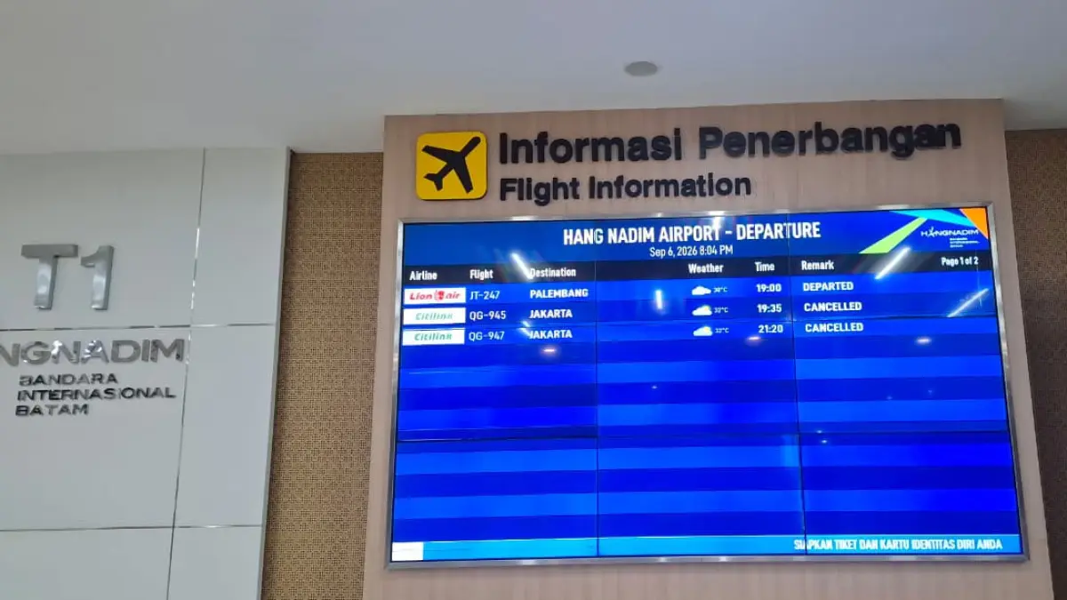 Hingga pukul 20.04 WIB, dua penerbangan terakhir Citilink dari Batam menuju Soekarno-Hatta yang dijadwalkan berangkat pukul 19.35 dan 21.20 tercatat berstatus cancel. F. Jamaluddin / Batam, Pos