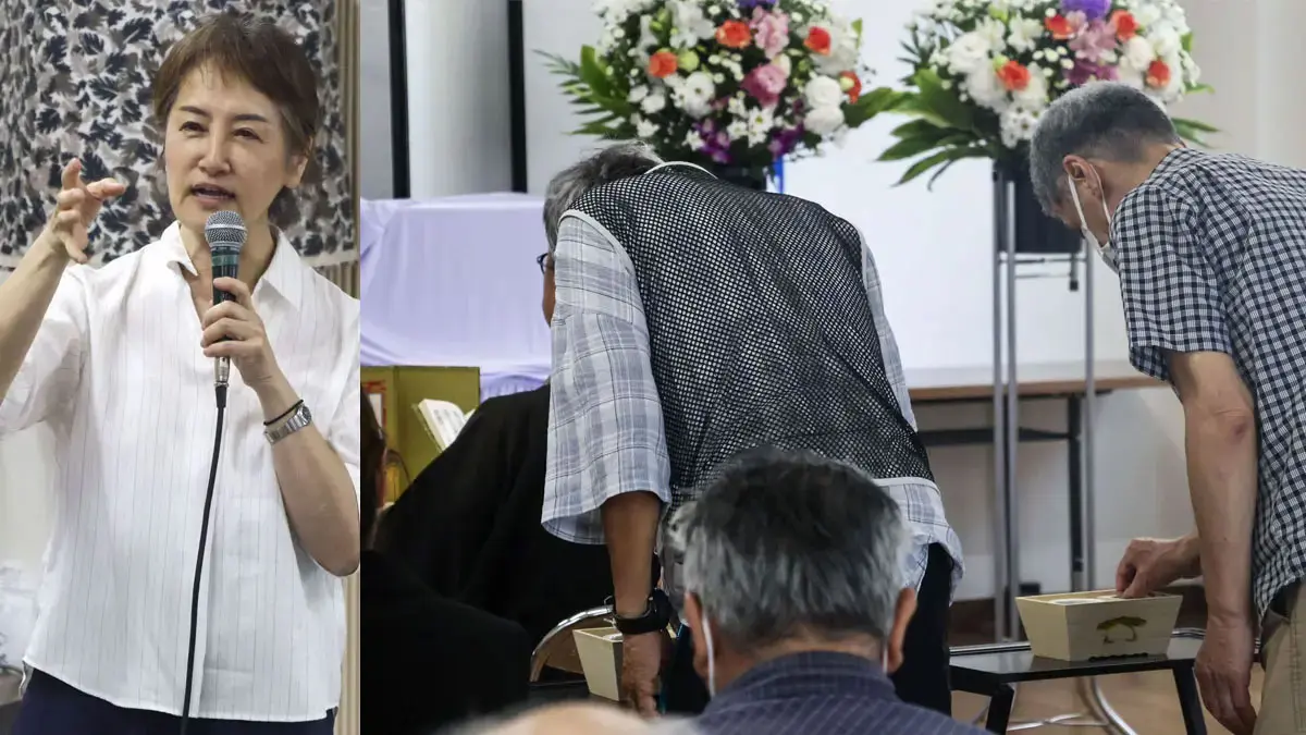 Foto kiri: Toyoko Nakahara berbicara dalam pertemuan rutin Kamagasaki Send-off Association di Distrik Nishinari, Osaka, pada 26 Mei 2026. Kanan: Para pelayat menaburkan dupa dalam pemakaman yang diselenggarakan oleh Kamagasaki Send-off Association di Distrik Nishinari, Osaka. (Kyodo)