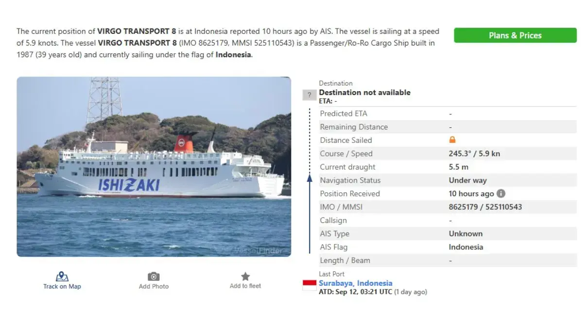 KM Virgo Transport 8, kapal rute Surabaya–Banjarmasin yang membawa 240 penumpang, dilaporkan hilang kontak di Laut Jawa. (Vessel Finder)