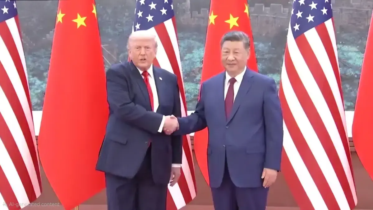 Tangkapan layar detik-detik Donald Trump berjabat tangan dengan Xi Jinping. (CGTN)