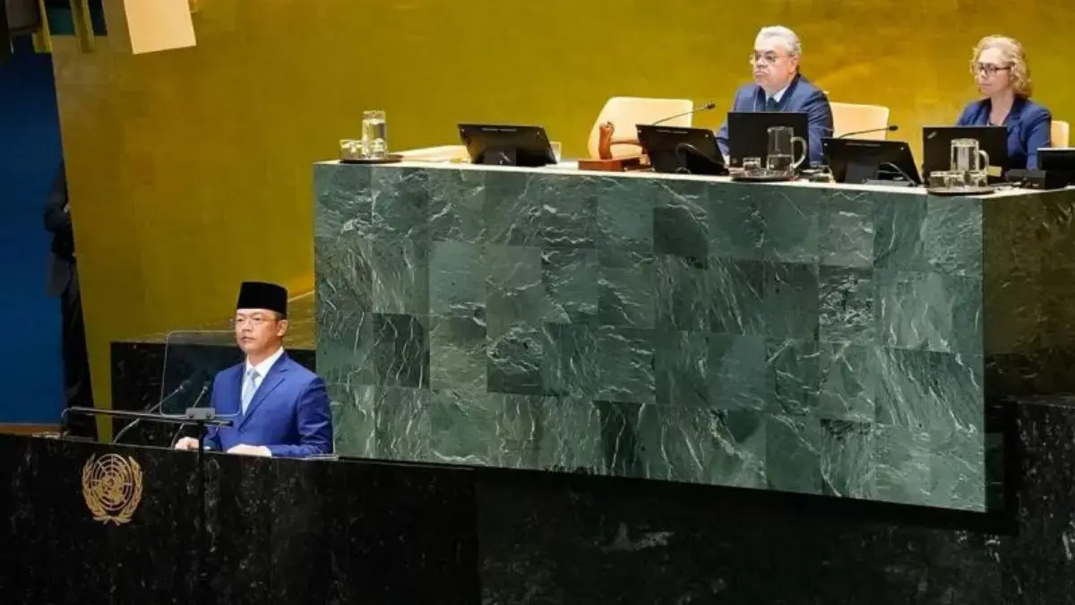 Menlu RI Sugiono menyampaikan pernyataan Indonesia di hadapan Sidang ke-81 Majelis Umum PBB di Markas PBB, New York, AS, Sabtu (26/9) waktu setempat. (ANTARA/Kemlu.go.id)