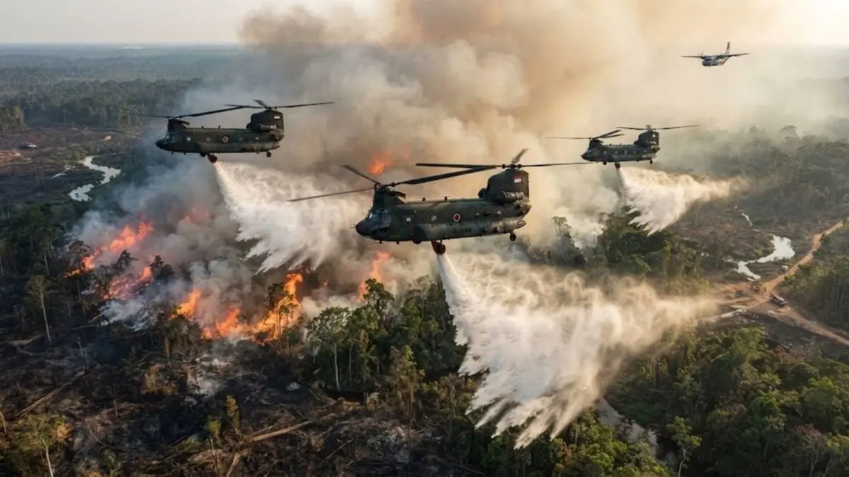 Helikopter CH-47 Chinook Pasukan Bela Diri Jepang berada di atas kapal JS Kunisaki di Pelabuhan Kijing, Mempawah, Kalimantan Barat. Tiga helikopter tersebut dikerahkan Jepang untuk membantu Indonesia menangani kebakaran hutan dan lahan. ANTARA FOTO/Jessica Wuysang.