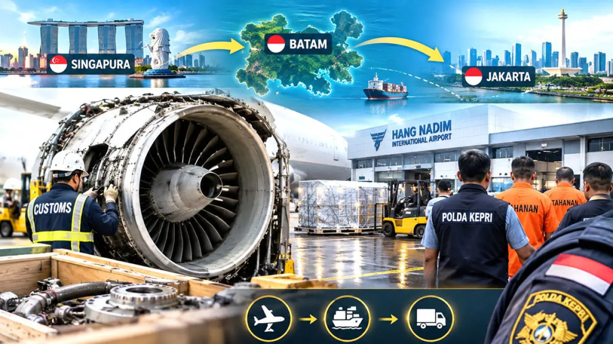 ILUSTRASI dugaan penyelundupan suku cadang pesawat dari Singapura ke Batam. ILUSTRASI: chatgpt