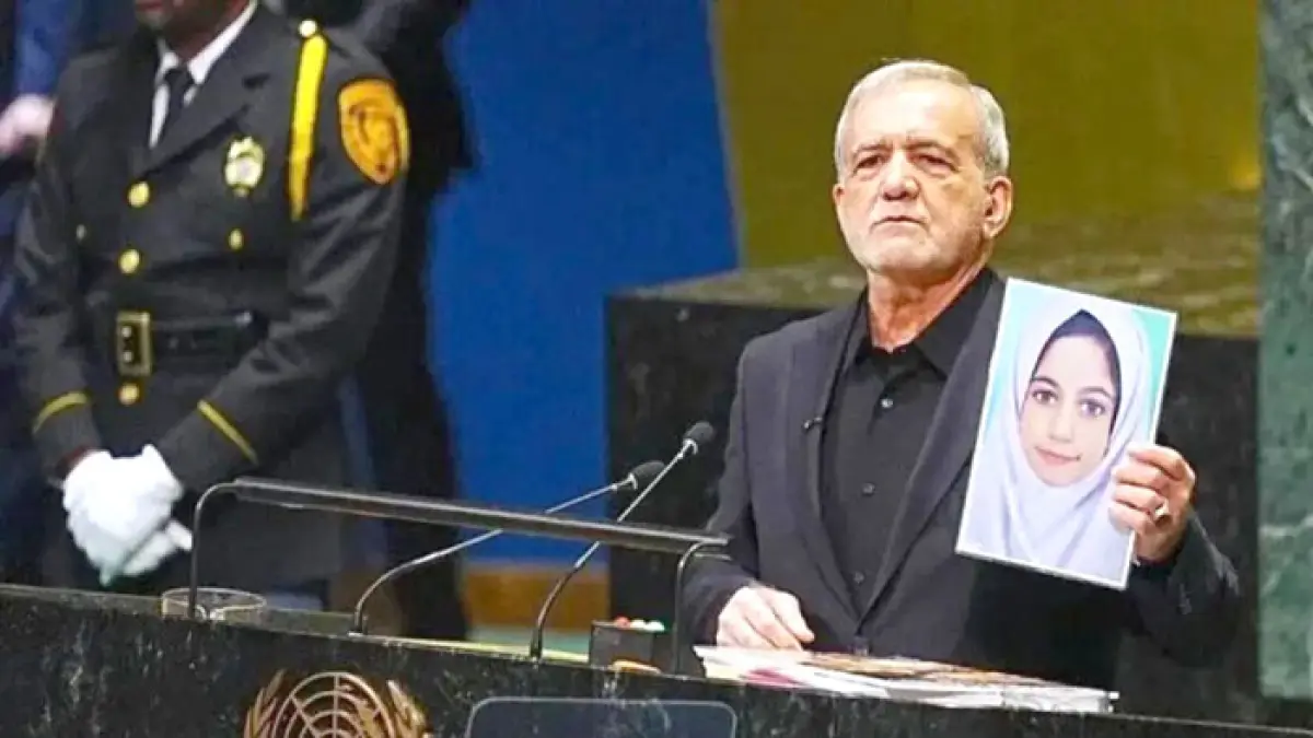 Presiden Iran, Masoud Pezeshkian, menyampaikan pidato pada sidang ke-81 Majelis Umum Perserikatan Bangsa-Bangsa (UNGA) dalam rangkaian pertemuan tahunan tingkat tinggi pada 23 September 2026 di New York City, Amerika Serikat. Foto: ANTARA/SelÃ§uk Acar-Anadilu Agency /pri.