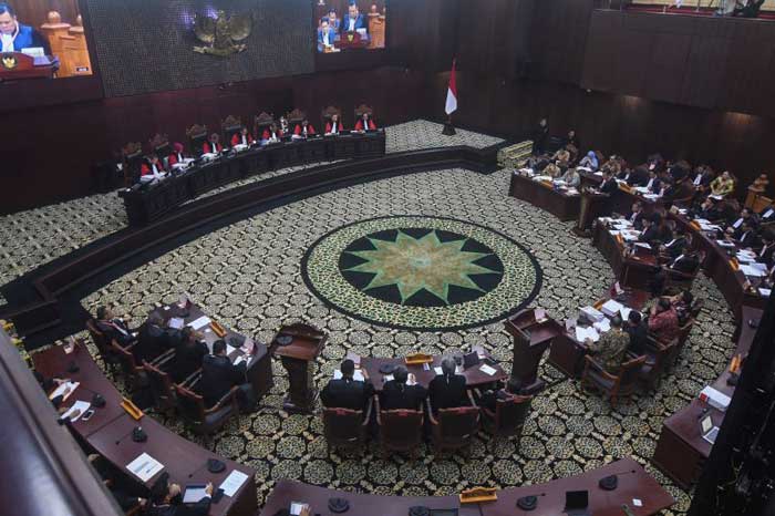 SIDANG: Suasana sidang sengketa hasil Pemilihan Presiden (Pilpres) 2024 di Mahkamah Konstitusi (MK), Jakarta, Kamis (28/3).
