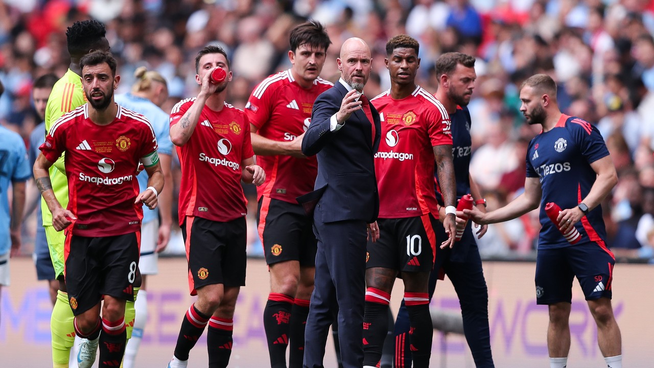 MINIM POIN: Pelatih Manchester United Erick ten Hag dan para pemainnya, yang mengalami tekanan di awal musim EPL 2024/2025, lantaran nyaris masuk ke zona merah degradasi.