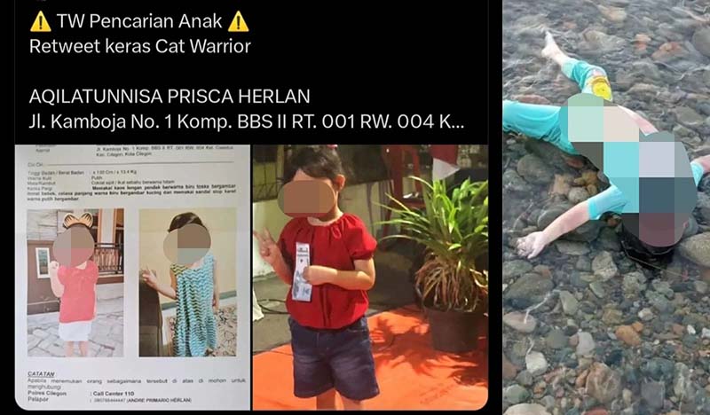 Informasi hilangnya Aqila yang sempat tersebar di media sosial dan penemuan mayatnya di pinggir pantai Cihara. (Foto: x.com/JhonSitorus_18)