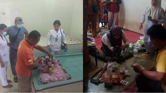 Petugas memeriksa jenazah MA bayi 18 hari yang digorok ibunya sendiri dengan parang dan kapak. Foto kanan: polisi saat melakukan olah TKP di lokasi kejadian. (Foto: Instagram: @polres.labuhanbatu)