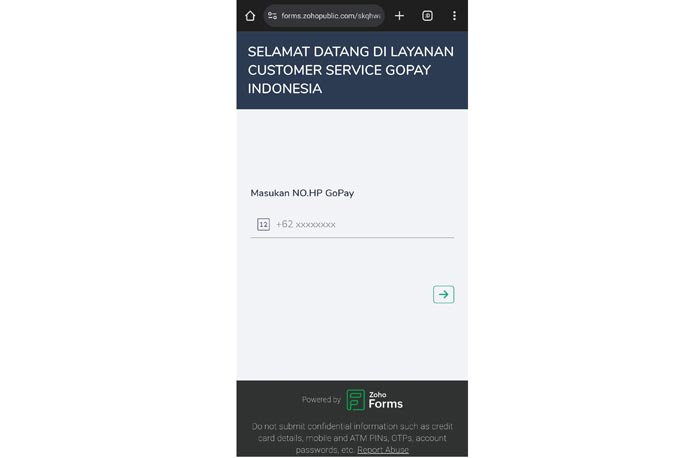 PENIPUAN: Link yang diberikan penipu yang mengatasnamakan admin Gopay.