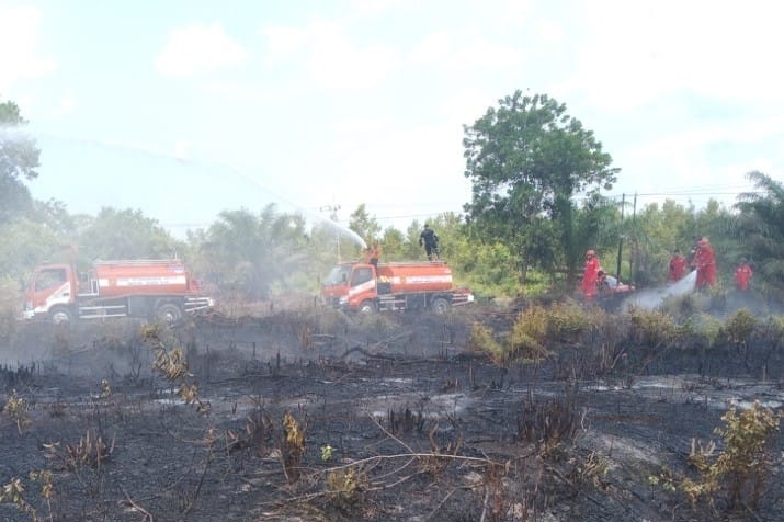 HANGUS: Tim dari BPBD Kobar saat proses pemadaman kebakaran lahan di Desa Kumpai Batu Atas (KBA) Kecamatan Arsel, Kabupaten Kobar, Jumat (24/10).