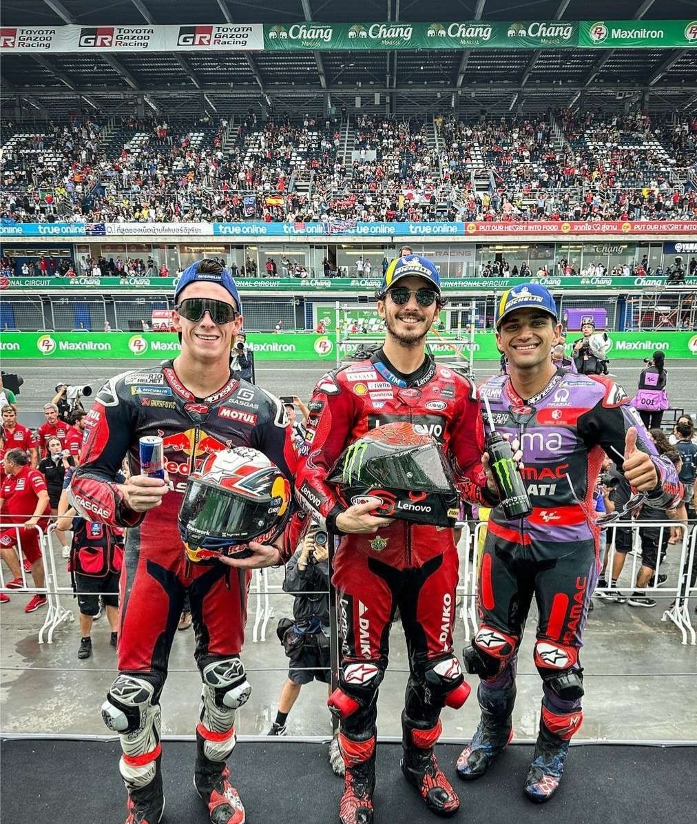 KAMPIUN: Para peraih podium pada MotoGP Thailand 2024, Minggu (27/10)